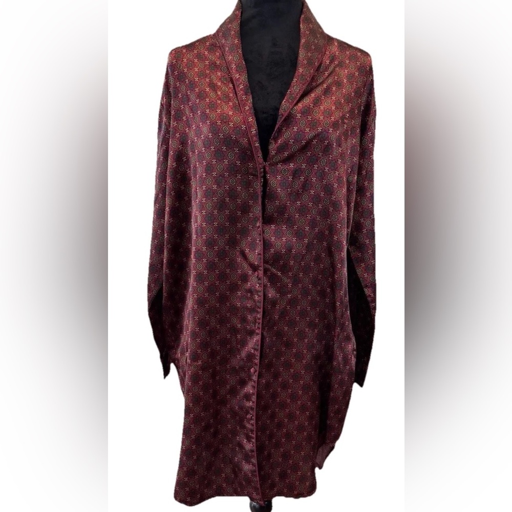 Kim Rogers VTG silky poly/cotton burgundy‎ patterned ladies sleep shirt Sz Sm
